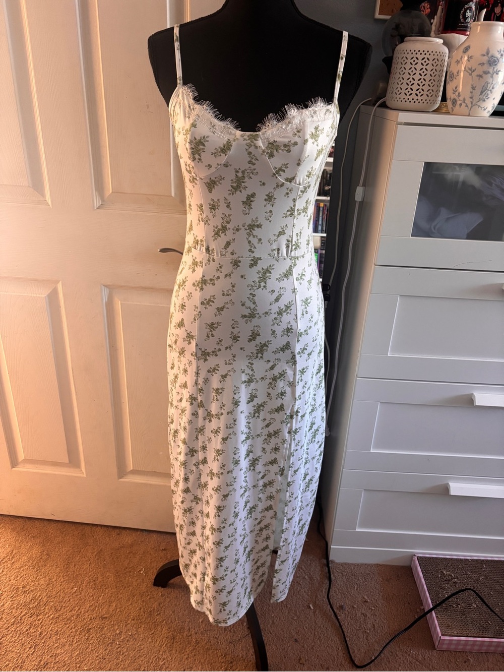 SHEIN White Midi Slip Dress with Green Floral Print